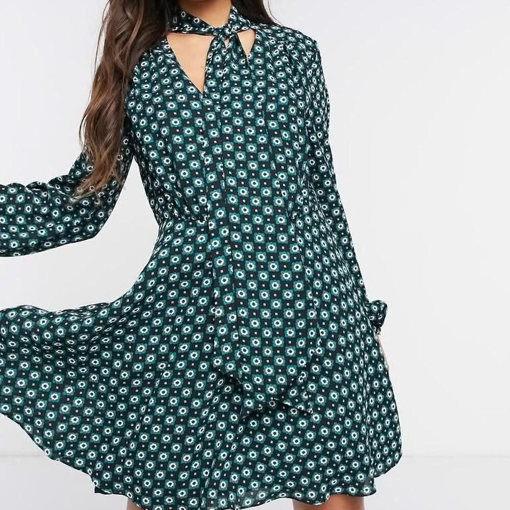 Ted Baker Floral Bow Neck Mini Dress Size 2 Long Sleeve Green Black
